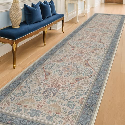 Hazo Haus Soft Red Blue 2x10 Long Hallway Runner Rug, Boho Farmhouse Rug for Mudroom Kitchen and Bathroom, Non-Slip Low-Pile Washable Stain Resistant, Vintage Natural Botanical & Bird Pattern Décor - Image 3