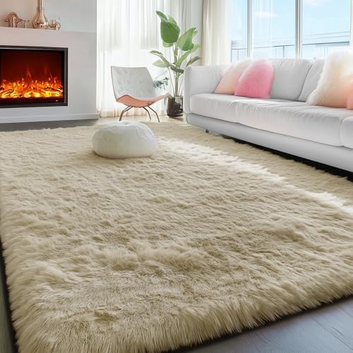 Fluffy Large Living Room 5x7 Area Rugs,Fuzzy Shaggy Rug Plush Beige Carpets by PAGISOFE