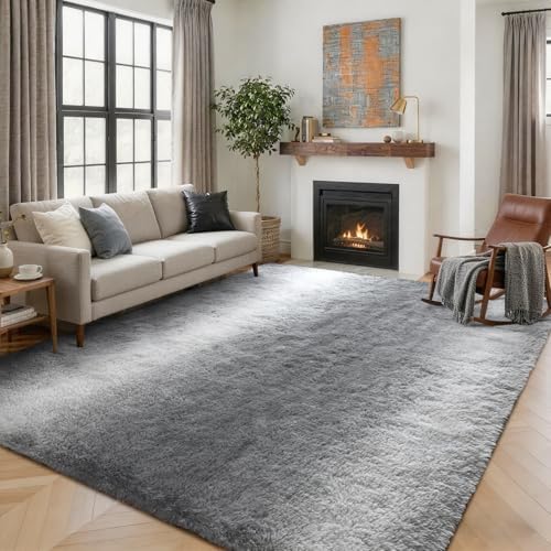 Area Rugs for Living Room 8x10 Feet, Soft Fluffy Shagg Plush Bedroom Rug Non-Slip,Large Carpet for Nursery Kids Dorm Home Decor Gradient Grey by Lo%CC%80utiRootHome