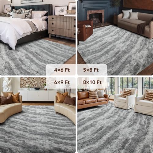 6x9 Non-Slip Fluffy Area Rugs For Living Room (Tie-dye Striped Grey) - Image 6