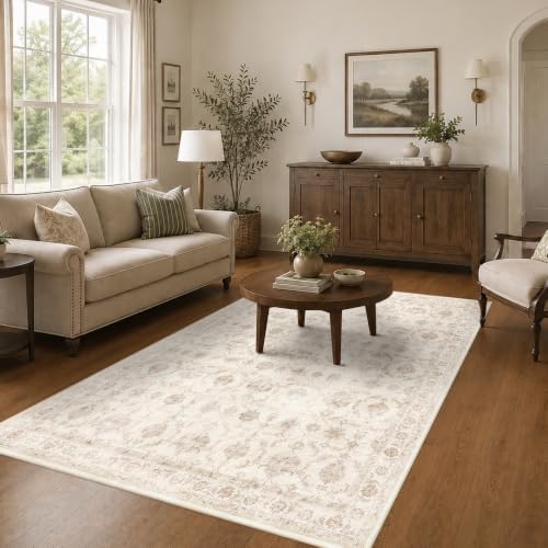 Washable 5x7 Bedroom Area Rug Non-Slip Traditional Beige Throw Carpet by HOME