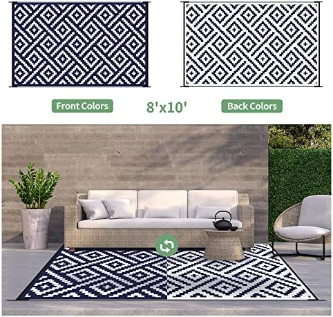 GENIMO Outdoor Rug, Waterproof Plastic Rugs for Patio, 8'x10' Blue White - Image 3