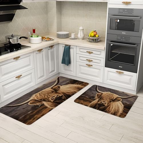 Farmhouse Highland Cow Kitchen Rugs Sets of 2 Non Slip Washable, Rustic Country Brown Highland Cow Kitchen Mats for Floor 2 Piece Home Decor - Image 4