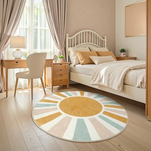LIVEBOX Retro Sun Round Rug 4ft Boho Rug for Nursery Room,Non-Slip Circle Ultra Soft Cute Colorful Kids Rugs for Bedroom,Washable Throw Area Rugs Carpet for Living Room Indoor Office - Image 2