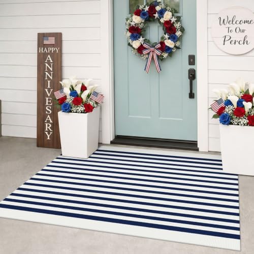 KILOCOCO Blue White Striped Rug 3'X5' Front Door Mat Indoor Washable Rugs by Kilococo