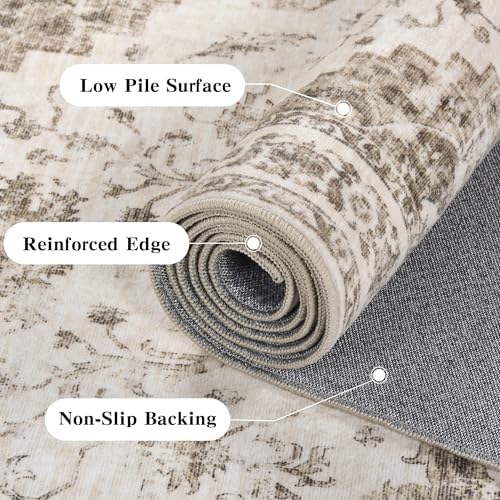 6x8 Washable Bedroom Area Rug Non-Slip Medallion Taupe Throw Carpet - Image 7