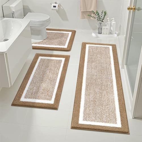 Pauwer Bathroom Rugs 3 Piece Set, Non Slip Washable Bath Mat, Khaki by Pauwer