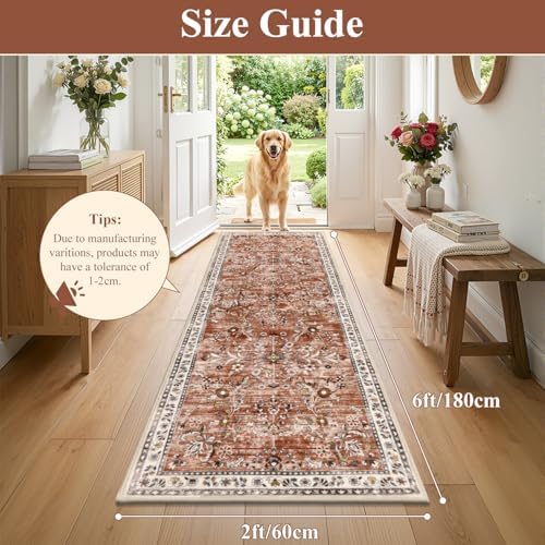 Yamaziot 2x6 Washable Hallway Runner Rug Non Slip Floral Carpet, Brick-red - Image 2
