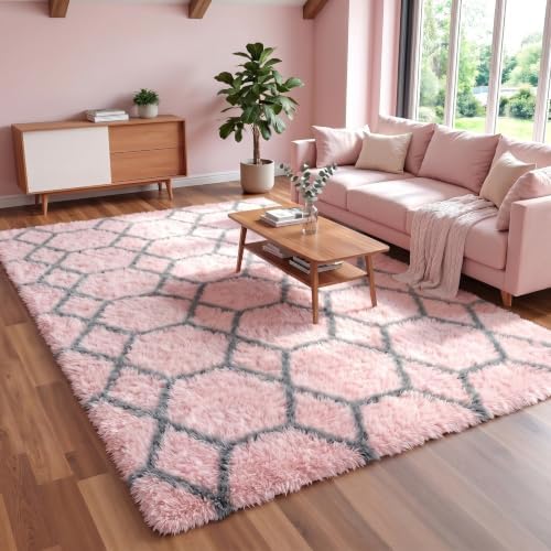 5x7 Area Rugs for Living Room Bedroom, Fluffy Pink and Grey Geometric Rug - Image 5
