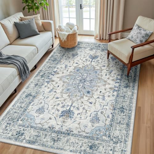 RELEANY Washable Area Rug, 6'x8', Blue/White/Gray by RELEANY