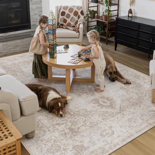 Area Rug 8x10 Vintage Rug: Large Washable Indoor Medallion Rugs Low Pile Distressed Floor Carpet Retro Accent Rug for Living Room Bedroom Kitchen Dining Table Home Office(Beige, 8'x10') - Image 5