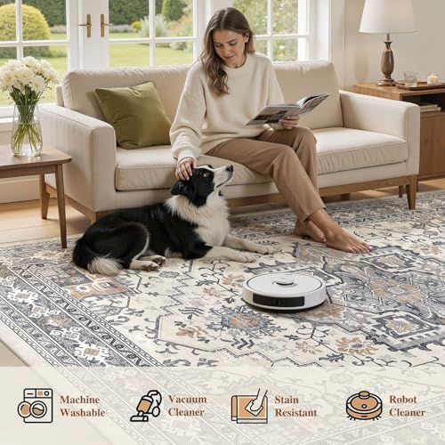 UERMEI 9x12 Area Rug Living Room Rugs - Washable Vintage Soft Large Rug Indoor Floor No Slip Rug Carpet for Bedroom Farmhouse Under Dining Table Home Office Decor - Grey-Orange - Image 6