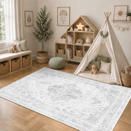 6x8 Washable Bedroom Area Rug Non-Slip Medallion Gray Throw Carpet - Image 4
