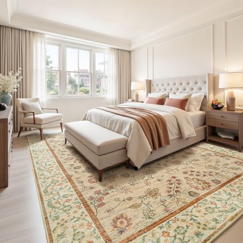 Goideal Beige Rug for Girls Room, 8x10 Floral Washable Area Rug Non Slip, Boho Low Pile Carpet with Rubber Backing for Bedroom Living Room Bathroom Playroom Nursery Office - Image 2