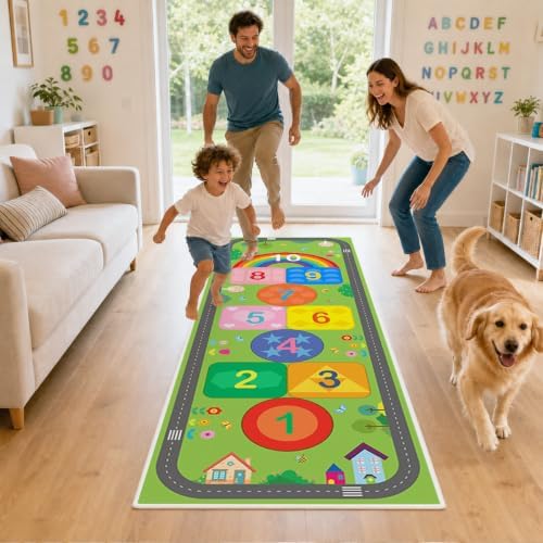 Hop and Count Hopscotch Rug for Kids, Educational Classroom Rugs with Geometric Shapes Number, Non Slip Kids Play Mat Rug Game Carpet for Bedroom Nursery Daycare Boy Girl - Green, 24''x72'' - Image 2