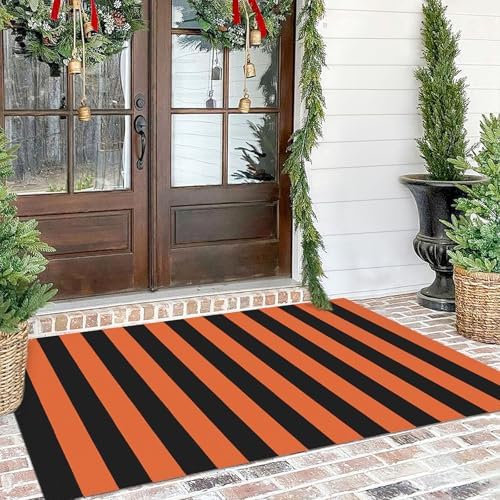 KILOCOCO 4x6 ft Fall Striped Woven Orange Rugs Halloween Front Door Rug by Kilococo
