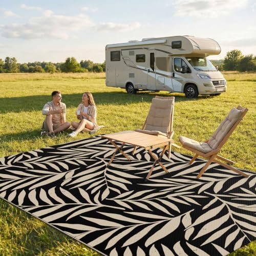Smiry Outdoor Rug 5x8 ft Waterproof Reversible Leaf Mat, Black & Beige - Image 2