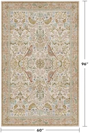 Washable Area Rugs 5x8 for Bedroom - Western Nature Rugs for Living Room, Dining Room,Playroom, Guest Room with Boho Beige Neutral Botanical & Bird Pattern, Non Slip Stain Resistant Low Pile - Image 2