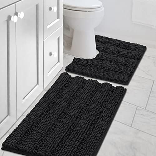 H.VERSAILTEX Bathroom Rugs Bath Rug Set 2 Piece Bathroom Contour Rug Toilet Mat Sets Non Slip Contour Bath Rug Set Ultra Thick Water Absorbent Striped Washable(20" x 32" Plus 20" x 20" U, Black) by HVERSAILTEX