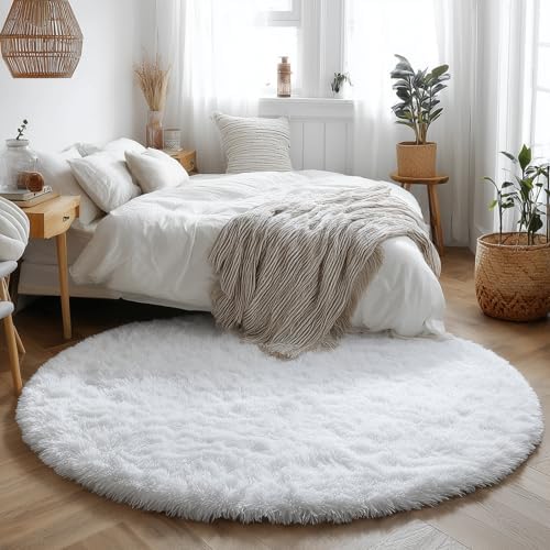 Amdrebio White Fuzzy Round Area Rug 5Ft for Bedroom Living Room Nursery - Image 3