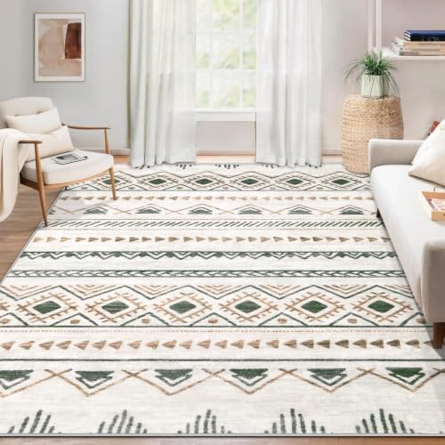 Area Rug for Living Room 6x9: Large Washable Boho Moroccan Rugs Geometric Neutral Rug, Non-Slip Foldable Morden Farmhouse Indoor Floor Carpet for Bedroom Dining Table Home(Brown Green,6'x9') by AOYAOMI