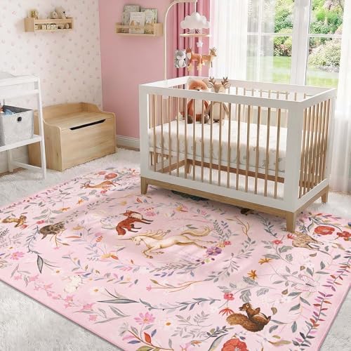 jinchan 6x9 Kids Rug Washable Playroom Rug Whimsical Unicorn, Lavender Pink by JINCHAN