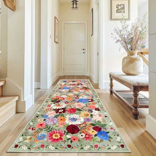 Green Floral Hallway Runner Rug 3x7 for Bedroom Kitchen by WelcometoBabovid