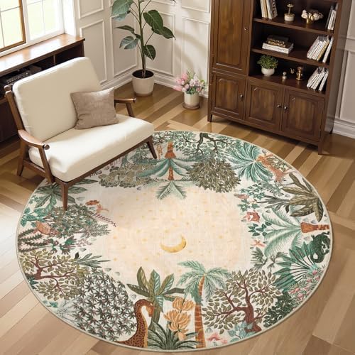 GarveeHome Round Area Rugs 5ft for Bedroom, Beige Jungle Washable Circle Rug Soft Non Slip Forest Animal Print Floor Mat Tiger Carpet Indoor Thin Rug for Kids Room Dining Room Playroom Nursery - Image 7