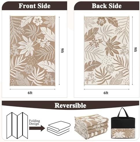 Pauwer Waterproof Outdoor Rug 6x9, Plastic Straw Patio Rug, Floral Brown - Image 2