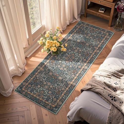 jinchan 2x6 Washable Hallway Runner Rug, Floral Non-Slip, Dark Blue - Image 3