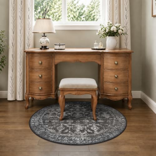 3ft Round Washable Office Rug Non-Slip Vintage Black Throw Carpet by HOME