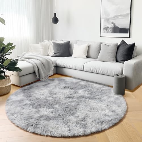 ONASAR Round Rugs 5ft for Bedroom Living Room, Fluffy Tie-Dyed Light Grey Circle Area Rug for Kids Girls Boys Teen, Soft Plush Shaggy Carpet for Nursery Dorm Classroom Playroom Home Decor Aesthetic - Image 5