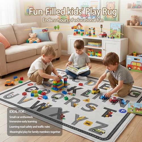 5x7 Ft ABC Alphabet Educational Area Rug for Children Girls Boys Leaning, Car Road Rug for Kids Room, Playroom, Classroom, Bedroom, Non-Slip & Soft Faux Wool Kids Carpet-Washable - Image 5