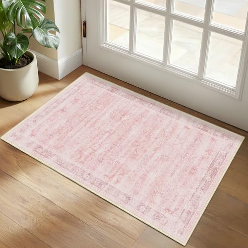 Small Pink Rug 2x3, Aesthetic Area Rug for Girls Bedroom Bedside Vanity, Cute Rug for Nursery Kids Room Dorm Washable Non Slip, Low Pile Thin Indoor Door Mats for Entryway Entrance Kitchen by Jainmy