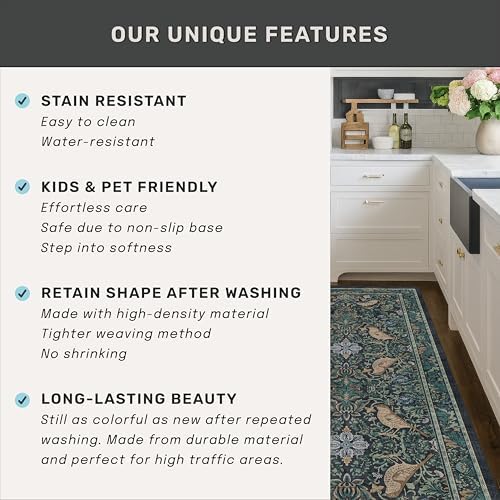 Washable 2x10 Extra Long Runner Rugs for Hallyway - Blue and Green Low Plie Indoor Rugs for Entryway, Floral Non Skid Waterproof Kitchen Floor Mats, Nature Leaf & Bird Décor - Image 6