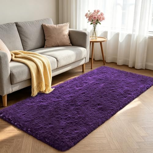 Shag Runner Rug for Bedroom Living Room 2x6 Upgrade Non-Slip Fluffy Soft Bedside Rugs,Purple Shaggy Purple Carpet for Livingroom Dorm Home Decor Aesthetic - Image 2