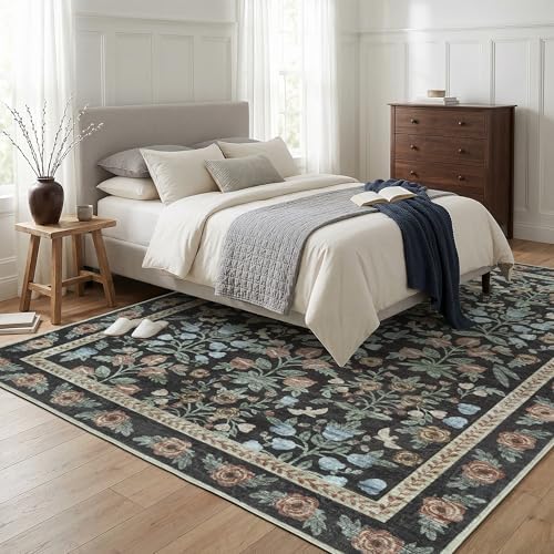 SparkleGaze Gold Black Floral Living Room Rug 5x7 Area Rug - Vintage Forest Washable Rug for Dining Room, Bedroom, Ultra Soft Low Pile Non Slip Stain Resistance Distressed Boho Farmhouse Flower Carpet - Image 3