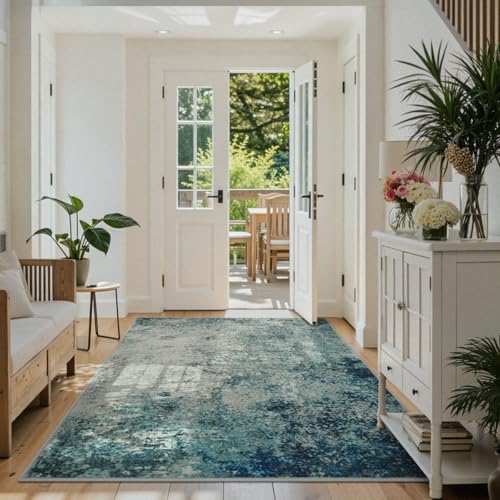 Lahome Modern Abstract Area Rug 5x7 Rugs for Living Room, Washable Accent Bedroom Rug Low Pile Non-Slip, Indoor Floor Contemporary Carpet for Kitchen Bathroom Laundry,Blue/Grey - Image 5