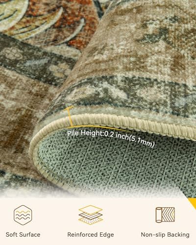 RELEANY Washable Area Rug, Round 4ft, Brick/Brown/Green - Image 3