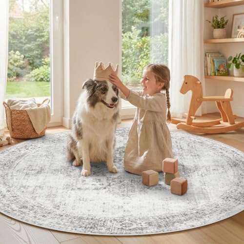 Round Rugs 6ft Washable Rug, Vintage Boho Medallion Rugs Non-Slip Soft Low Pile Circle Distressed Rug Indoor Retro Carpet for Living Room Bedroom Dining Room Home Office (Grey, 6' Round) - Image 2