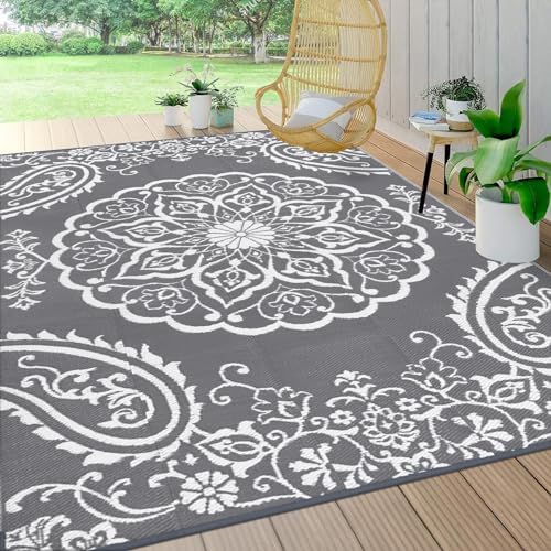 Pauwer Outdoor Rug 9x12, Waterproof Plastic Straw Camping Rug, Boho Grey by Pauwer