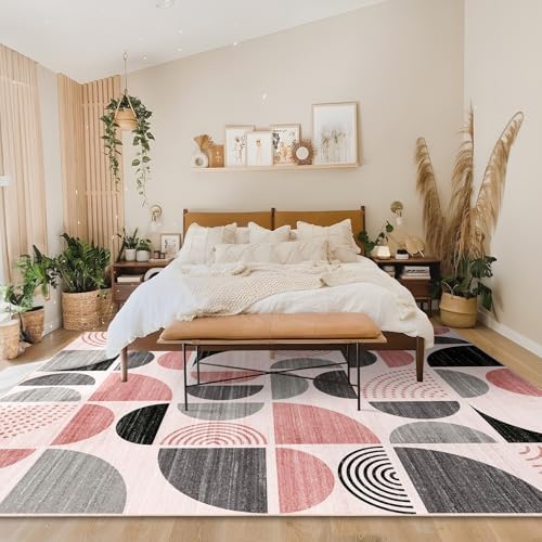 MUJOO Pink Washable Rugs 8x10,Boho Area Rugs Non Slip Modern Abstract - Image 3