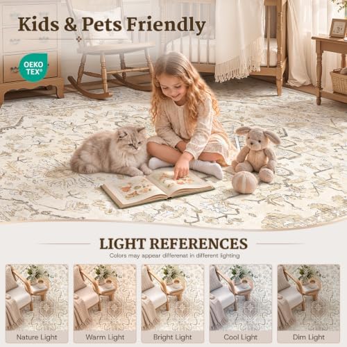 Area Rugs 8x10 Vintage Rug: Large Washable Living Room Rug Retro Medallion Distressed Soft Low Pile Non-Slip Indoor Floor Carpet for Bedroom Kitchen Nursery Dining Office (BeigeBrown, 8'x10') - Image 6