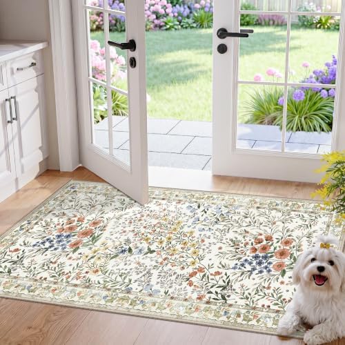 Washable Kitchen Runner Rug 2x4: Vintage Floral Rug for Laundry Room Entryway - Machine Washable Non Slip Low Pile Carpet - Soft Foldable Runner for High Traffic Areas - 2'x4' Beige by YOUFORTONG