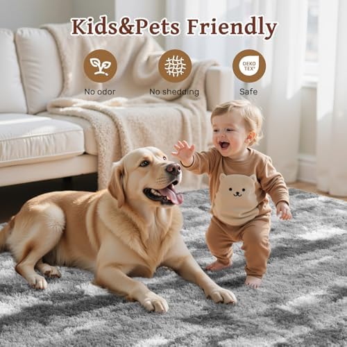 5x7 Ft Area Rugs for Living Room, Grey and White Plush Fluffy Shaggy Bedroom Rugs Non-Slip, Ultra Soft Carpet for Nursery Kids PlayRoom Dorm Office Indoor - Image 5