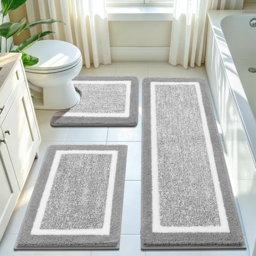 Pauwer Bathroom Rug Sets 3 Piece, Non Slip Washable Bath Mat, Light Grey by Pauwer