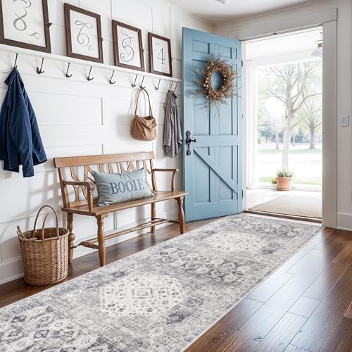 RUUGME 2'6x12 Hallway Runner Rug - Vintage Washable Kitchen Rugs with Non Slip Backing Soft Stain Resistant Carept for Living Room Bedroom Indoor Home Decor Floor Mat for Bathroom (2'6''x12', Grey) - Image 2