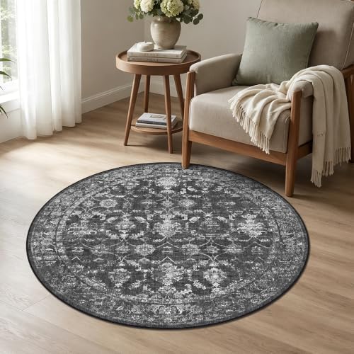3ft Round Washable Office Rug Non-Slip Vintage Black Throw Carpet - Image 2