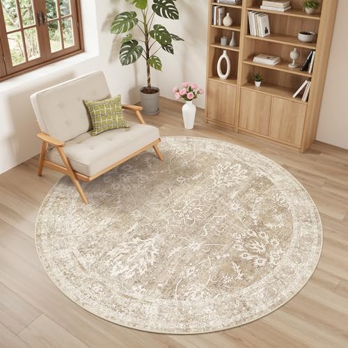 Madane Washable Round Rug 5ft for Living Room,Soft Neutral Rug Beige/Brown by Madane
