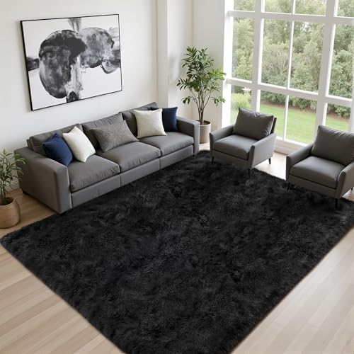 8x10 Area Rug Living Room Bedroom: Fluffy Plush Shag Carpet Black - Image 2